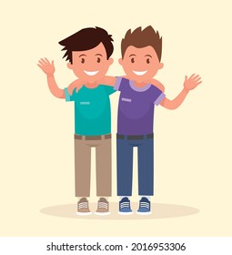 Two boys hugged and waved hands. Best friends. Vector illustration in cartoon style