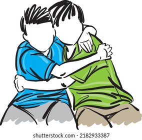 Two Boys Hugging Each Other Friends Friendship Concept Vector Illustration
