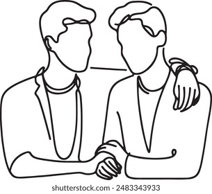 Two boys are hugging line art, friendship day with holding promise hands. Continuous line draw design graphic vector illustration