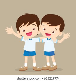 Two Boys Hugging,cute Best Friends, Happy Smiling Kids Pupil Vector Illustration.best Friends Hugging Each Other
