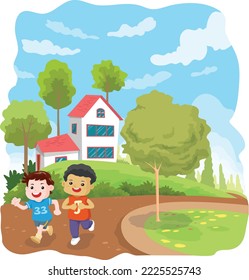 Two boys jogging in the neighborhood's park.