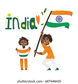 Two boys, kids, teenagers with Indian flags and India country name lettering, cartoon vector illustration isolated on white background. Indian boys holding national tricolor flag, India country name