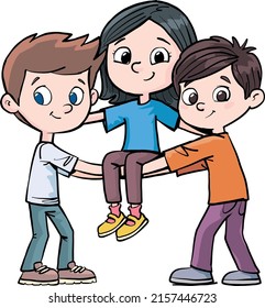 two boys lift the girl in their arms