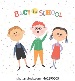 Two boys and a little girl standing on the background of the inscription. Vector illustration.