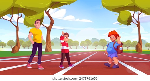 Dos chicos se reúnen y saludan en la pista de carreras en un parque público o estadio el día de verano. Ilustración vectorial de dibujos animados de entrenamiento deportivo para niños con coach. Fitness al aire libre y actividad física.