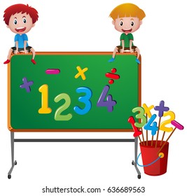 Two boys and numbers on board illustration