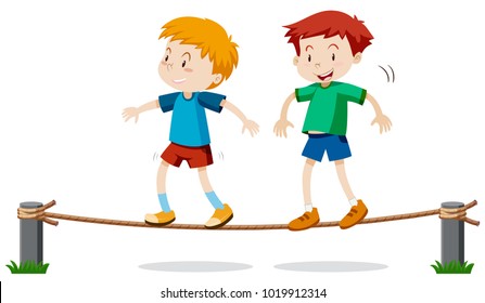 Two boys on balancing rope illustration