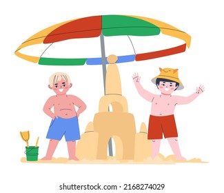 Dos niños construyeron un gran castillo de arena en la playa. Jugando en la playa con los niños. Tiempo de vacaciones. Ilustración plana. Eps10