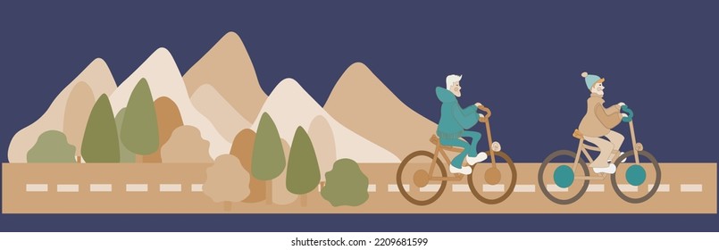 Two Boys on the bike on the road. Art design seasonal card or poster or banner. Beautiful Autumn nature. Autumn forest and outdoor fun. Art design, vector cartoon style.