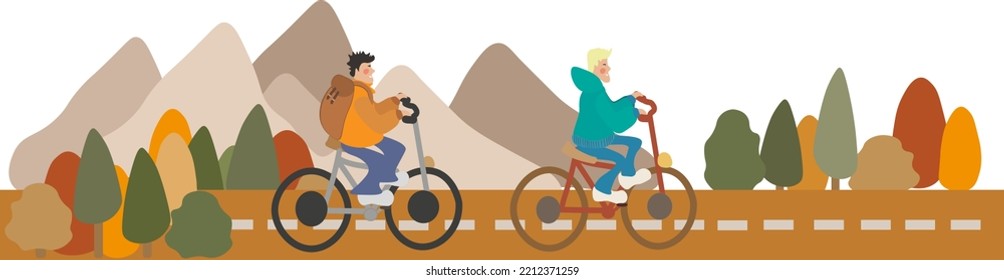 Two Boys on the bike on the road. Art design seasonal card or poster or banner. Beautiful Autumn nature. Autumn forest, mountins and outdoor fun activities. Art design, vector cartoon style.