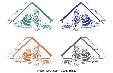 Two Boys On Camping. Boys in Front of The Tent Vector illustration
