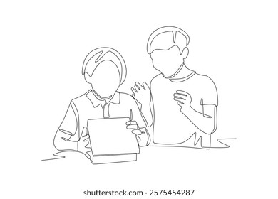 Two boys opening birthday presents. Children birthday celebrations concept one-line drawing