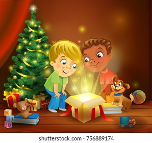 Two boys opening a magic gifts beside a Christmas tree, Christmas miracle. A vector illustration in traditional style