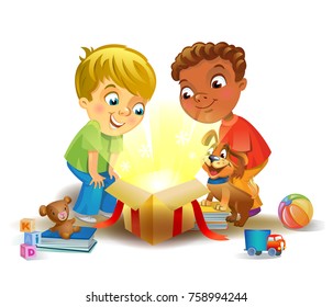 Two boys opening a magic gifts, Holiday miracle. A vector illustration in traditional style