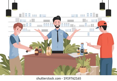 Two boys in organic store vector flat illustration. Happy smiling man advertising new products to customers, men choosing fresh natural cosmetics. Cosmetic products for men beauty concept.