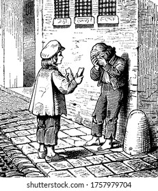 Zwei Jungen von ihnen weinen, und der andere teilt etwas zu essen, Vintage-Linien-Zeichnung oder Gravitation-Illustration.