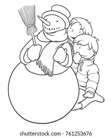 Two Boys Peeking Behind a Snowman with a Broom, Winter Games Theme, Character Design, Vector Illustration