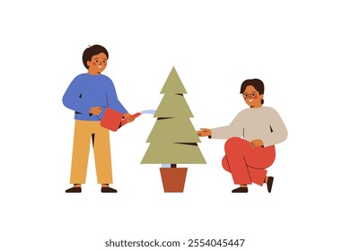 Two boys planting young fir in the ground. Siblings or friends care about  tree tree after Christmas outside together. Reuse xmas tree and reforest conservation concept. Vector illustration