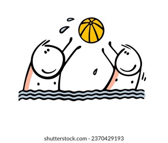 Two boys play ball on the beach in the water. Vector illustration of stickman on vacation, doing sports, taking care of health, enjoying life. Caricature character isolated on white background.