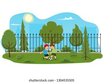 two boys play football in the park among the trees. brothers play ball in nature. vector illustration.