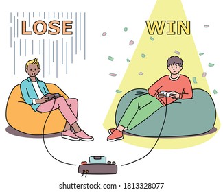 Two boys play games at home, one the winner and one the loser. hand drawn style vector design illustrations. 