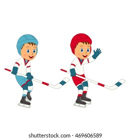 two boys play ice hockey, illustration,vector