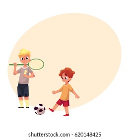 Two boys playing badminton and football at the playground, cartoon vector illustrationwith space for text. Boy friends playing with badminton racket, birdie, football ball at the playground