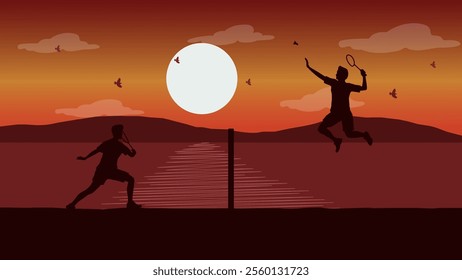 Two Boys Playing Badminton on the Beach in the Afternoon - Beautiful 2D Landscape Silhouette Wallpaper	