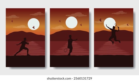 Two Boys Playing Badminton on the Beach in the Afternoon - Silhouette Design Set, Beautiful 2D Landscape Silhouette Wallpaper Set