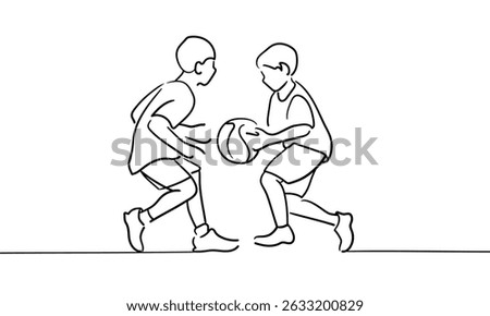 Two boys playing ball continious line drawing. 
Basketball, childhood, competition. Vector illustration