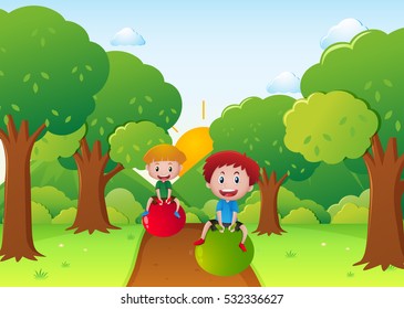 Two boys playing with ball on the road illustration