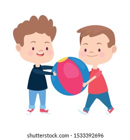 two boys playing with a ball over white background, colorful design. vector illustration