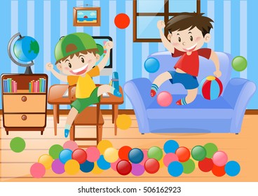 Two boys playing ball in the room illustration