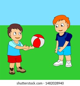 Two boys playing ball. Vector illustration of a little boys playing sports.