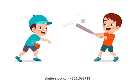 Two Boys Playing Baseball, One Throwing and One Hitting the Ball with Bat, Illustration