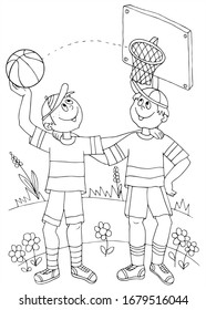 Two boys are playing basketball. Black and white vector for coloring, for card or gift.