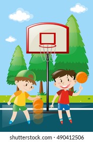 Two boys playing basketball in court illustration
