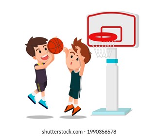 two boys playing basketball doing shots and blocks