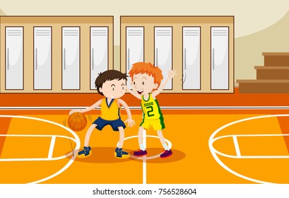 Two boys playing basketball in the gym illustration