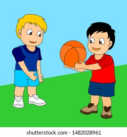 Two boys playing basketball. Vector illustration of a little boys playing sports.
