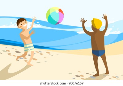 Two Boys Playing With Beach Ball On Beach Near Ocean