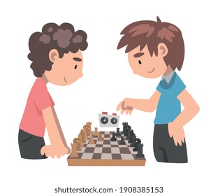 Two Boys Playing Chess Game, Kids Competing in Club or Tournament, Leisure Activity, Logic Game for Brain Development Concept Cartoon Style Vector Illustration