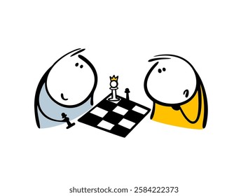 Two boys are playing chess. Vector illustration of stickman holds a figure and reflects on strategy and victory. Isolated funny character on white background.