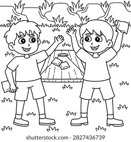 two boys playing cornhole outdoor lawn game coloring page activity
