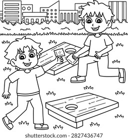 two boys playing cornhole outdoor park lawn coloring page activity sheet