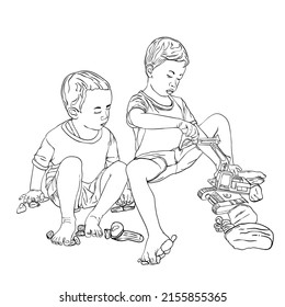 Two boys are playing with excavator toys. The image is suitable for illustration of children's day, mother's day or children's health products