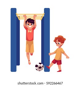 Two boys playing football and hanging on monkey bar at playground, cartoon vector illustration isolated on white background.  