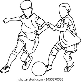 two boys playing football together vector illustration sketch doodle hand drawn with black lines isolated on white background