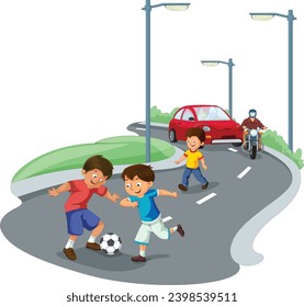 Two boys playing football and vehicles moving around