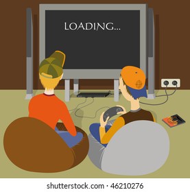 two boys playing a game console at home in front of the large TV, sitting on beanbag chairs